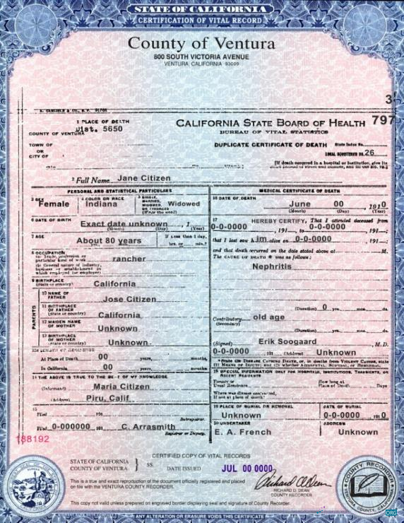 Download USA state California County of Ventura death certificate template in PSD format Photoshop template